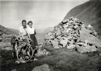 Bill and Nellie Hill, with their tandem, crossing the Nan Bield Pass in the Lake District.